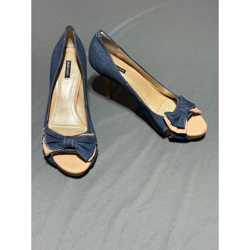 Alex Marie Womens Blue Denim Peep Toe Bow Heels Wood Grain Stiletto Pumps 10M